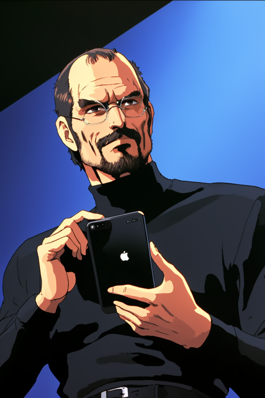 1671612808976-1042260853-closeup of Steve Jobs, in a black turtleneck, blue jeans, on a stage, holding an iphone, _HNKstyle, 80's anime,_.png